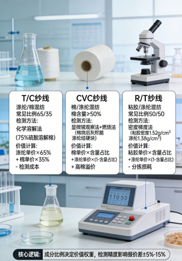 混纺纱线（如T/C、CVC、R/T）回收：成分比例检测与价值计算